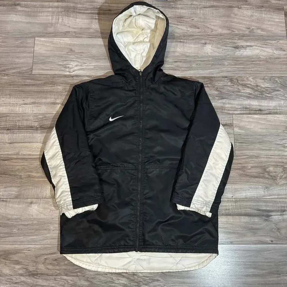 Vintage 90s Nike Youth Puffer Jacket Black with White Logo Spell Out Size Medium
